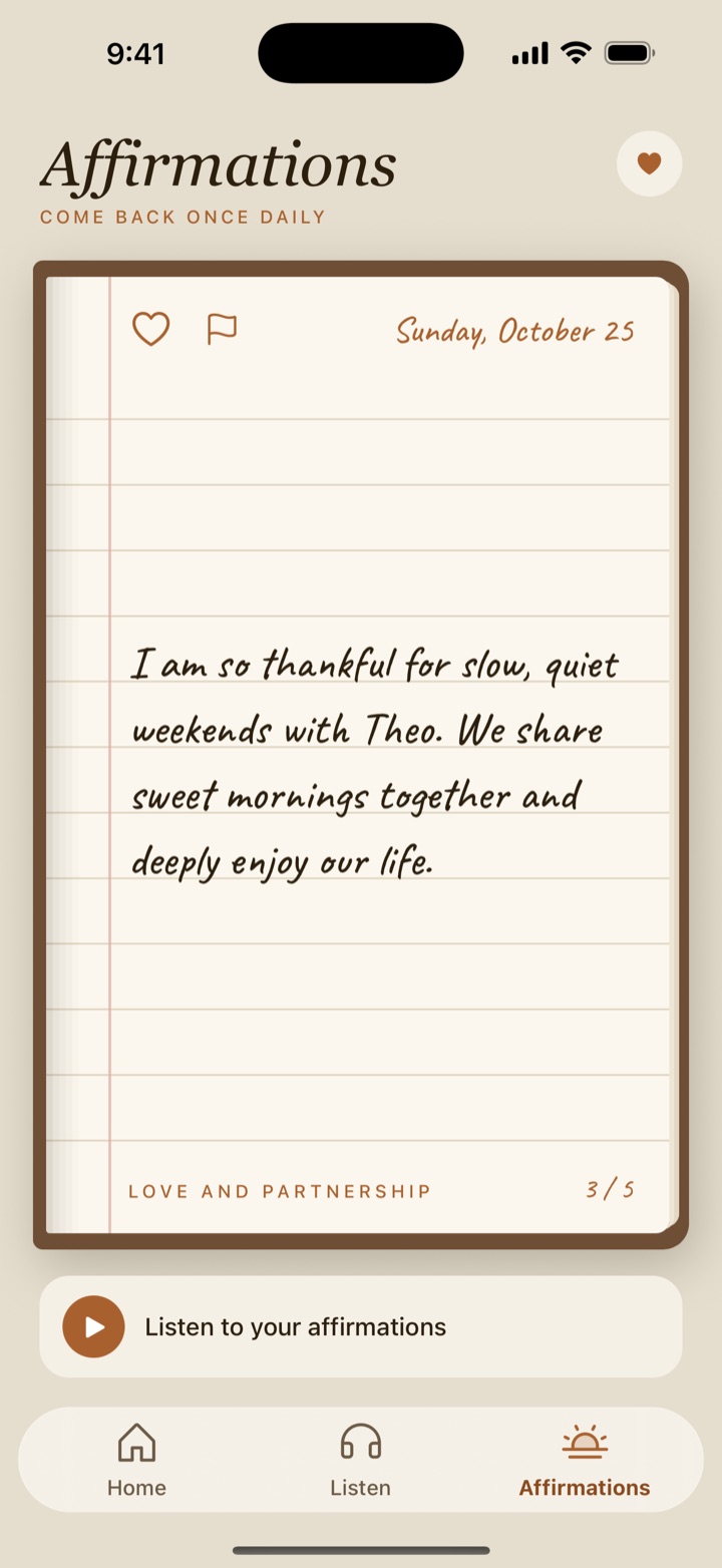 An affirmation handwritten on a notebook page: I am so thankful for slow, quiet weekends with Theo. We share sweet mornings together and deeply enjoy our life.