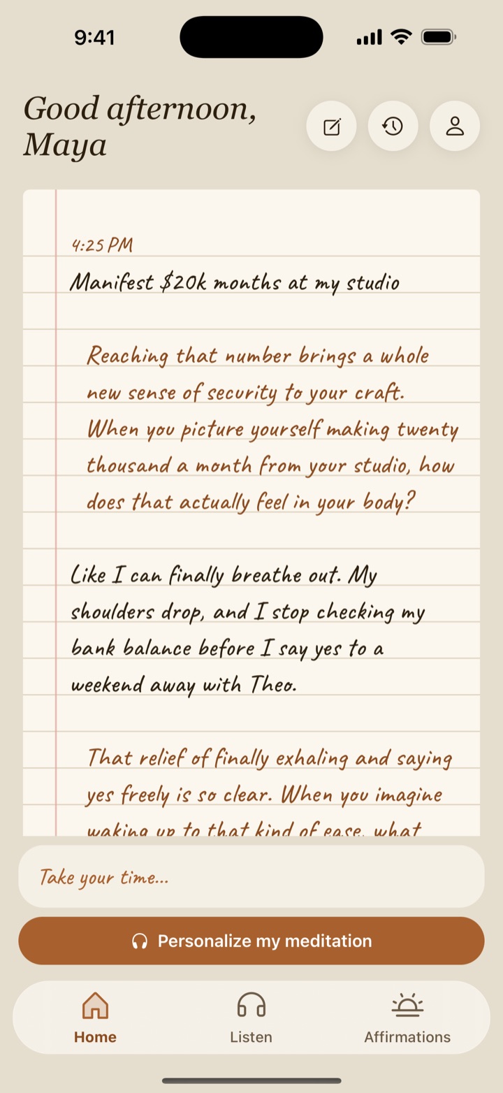 Invoke’s Home screen: a handwritten journal conversation about earning $20k a month from Maya’s ceramics studio, with a button to personalize today’s meditation.