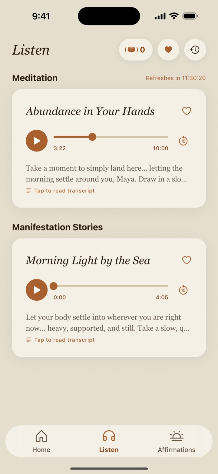 Invoke’s Listen screen with today’s meditation, Abundance in Your Hands, and a manifestation story, Morning Light by the Sea.
