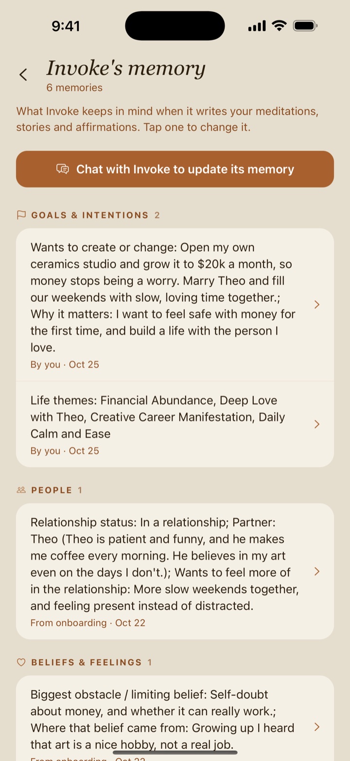 Invoke’s memory screen: Maya’s goals of a studio that brings in $20k a month and marrying Theo, her life themes Financial Abundance and Deep Love with Theo, and her partner Theo.
