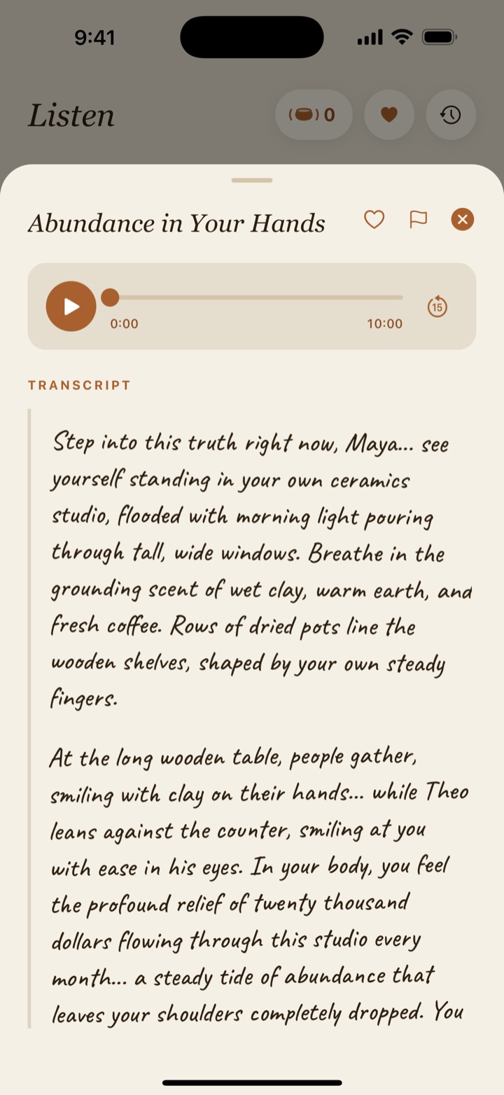 A meditation transcript in handwriting where Maya pictures her own studio, Theo smiling at her from the counter, and twenty thousand dollars flowing in every month.